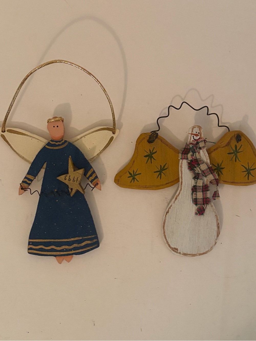 Folk Art Country Christmas Wooden Hand Painted Angel 2 Hanging Ornaments